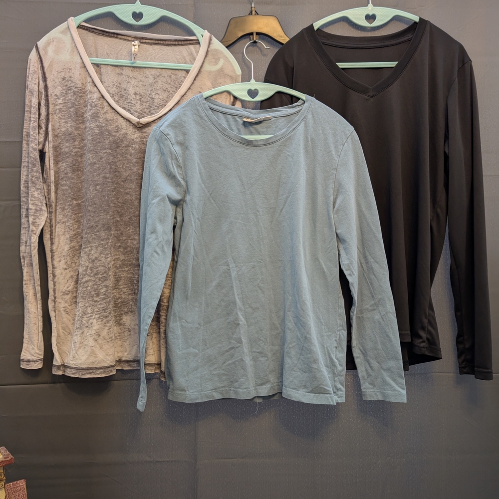 Three Long-Sleeve Tops - Light Blue, Taupe, Black